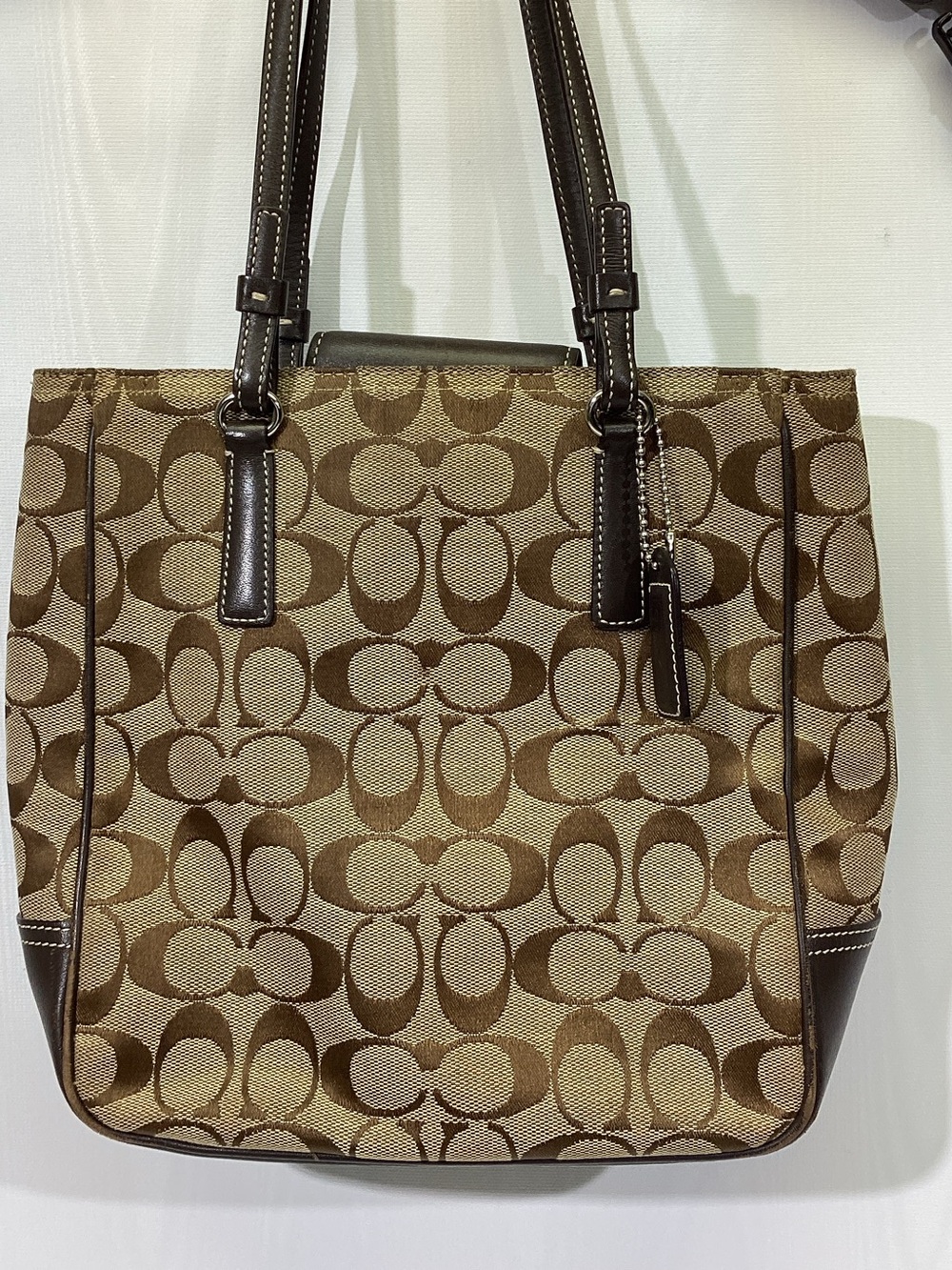 Vintage COACH 6090 Signature Brown Khaki Jacquard Y2K Purse Hand Bag Small Tote